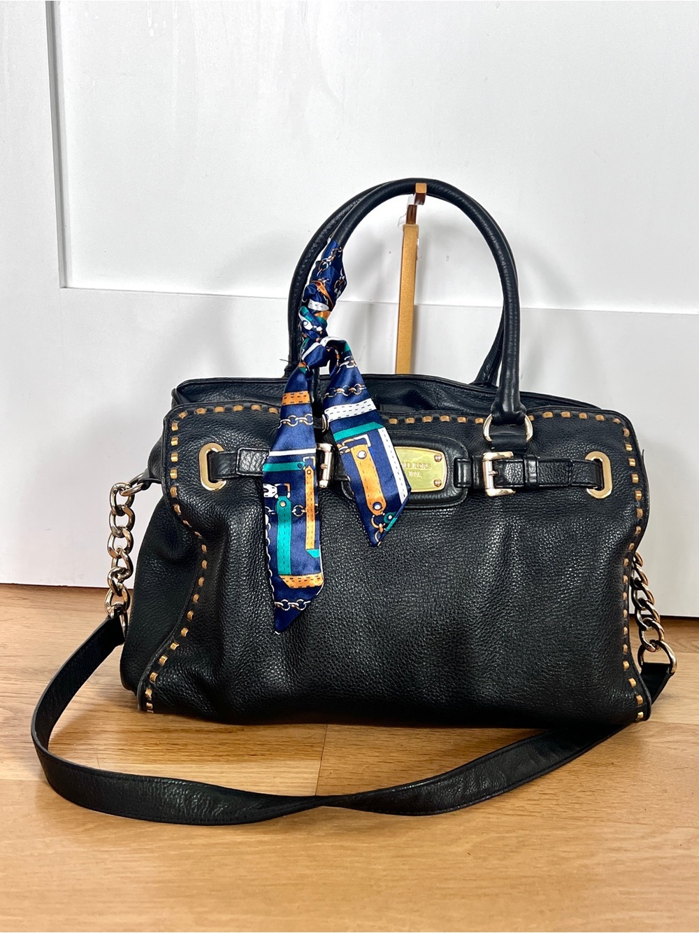 Michael Kors Hamilton Leather Satchel Crossbody Bag Black